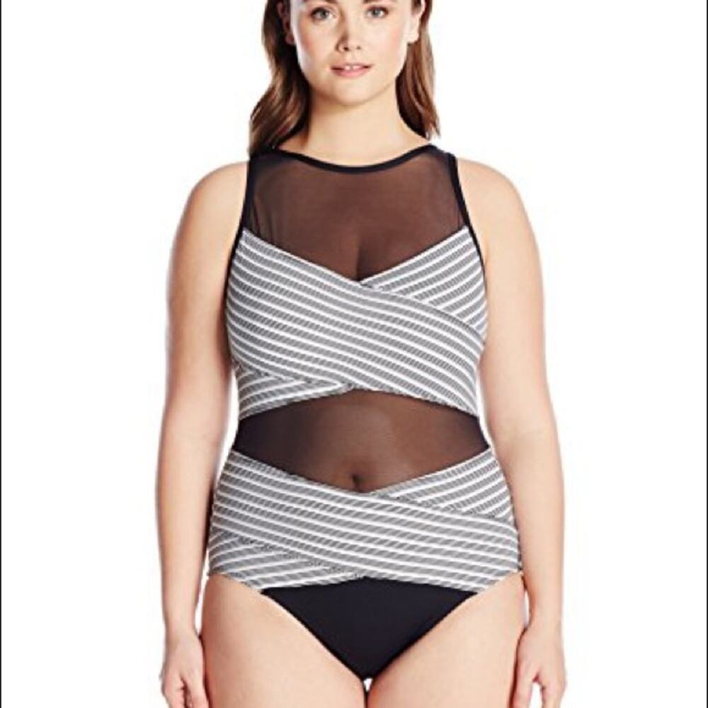 Anne Cole Black & white striped Plus Size Mesh High Neck one piece swimsuit